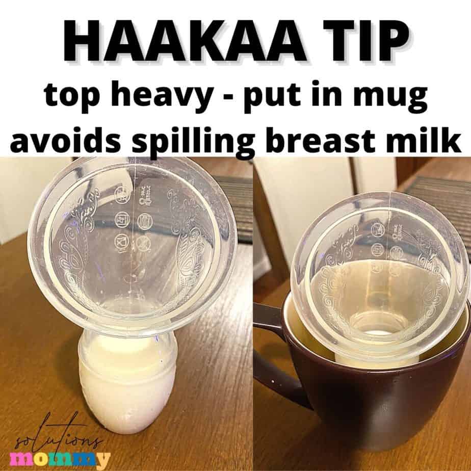 haakaa tip top heavy - place haakaa in a mug to avoid spilling breast milk